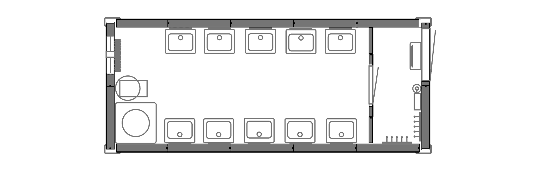 Планировочное решение: Вагон-умывальная на 10 раковин